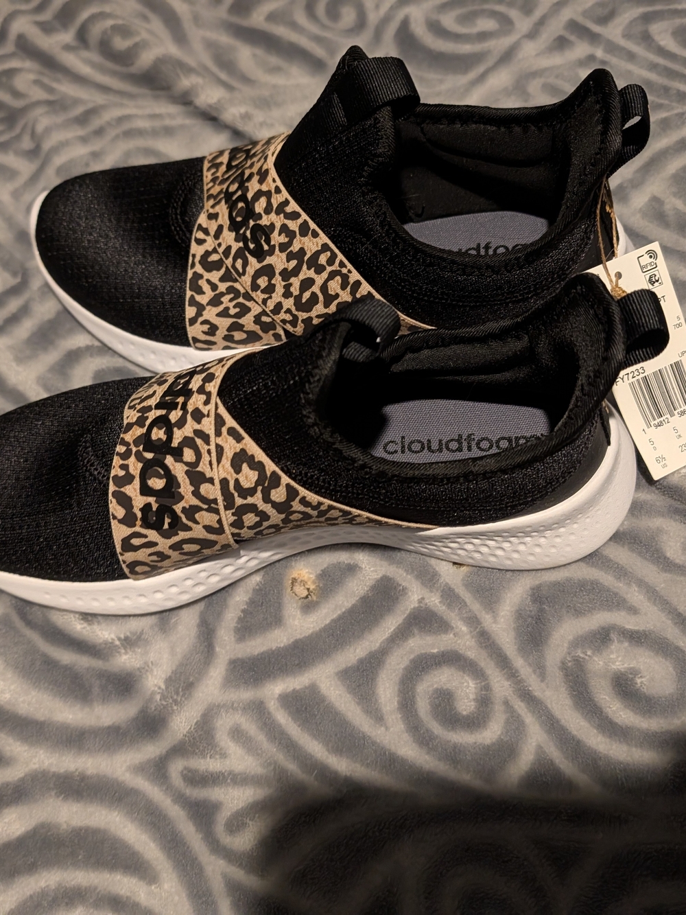 adidas Black Knit Slip-On Sneakers with Leopard Print Strap